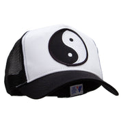 Yin Yang Black and White Embroidered 5 Panel High Profile Poly Cotton Twill Mesh Trucker Cap - White-Black OSFM