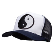 Yin Yang Black and White Embroidered 5 Panel High Profile Poly Cotton Twill Mesh Trucker Cap - White-Navy OSFM