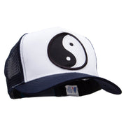 Yin Yang Black and White Embroidered 5 Panel High Profile Poly Cotton Twill Mesh Trucker Cap - White-Navy OSFM