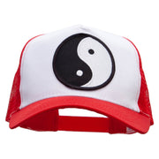 Yin Yang Black and White Embroidered 5 Panel High Profile Poly Cotton Twill Mesh Trucker Cap - White-Red OSFM