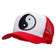 Yin Yang Black and White Embroidered 5 Panel High Profile Poly Cotton Twill Mesh Trucker Cap - White-Red OSFM