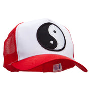 Yin Yang Black and White Embroidered 5 Panel High Profile Poly Cotton Twill Mesh Trucker Cap - White-Red OSFM