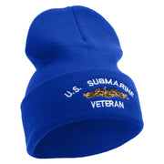 Licensed Made in USA Golden Dolphin US Submarine Veteran Logo Embroidered 12 Inch Solid Knit Cuff Long Beanie - Royal-Blue OSFM