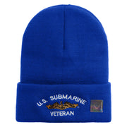 Licensed Made in USA Golden Dolphin US Submarine Veteran Logo Embroidered 12 Inch Solid Knit Cuff Long Beanie - Royal-Blue OSFM