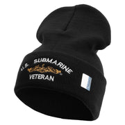 Licensed Made in USA Golden Dolphin US Submarine Veteran Logo Embroidered 12 Inch Solid Knit Cuff Long Beanie - Black OSFM