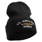 Licensed Made in USA Golden Dolphin US Submarine Veteran Logo Embroidered 12 Inch Solid Knit Cuff Long Beanie - Black OSFM