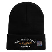 Licensed Made in USA Golden Dolphin US Submarine Veteran Logo Embroidered 12 Inch Solid Knit Cuff Long Beanie - Black OSFM