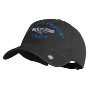 U.S. Air Force Pilot Embroidered Washed Solid Pigment Dyed Cotton Twill Brass Buckle Cap - Black OSFM