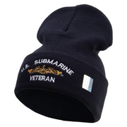 Licensed Made in USA Golden Dolphin US Submarine Veteran Logo Embroidered 12 Inch Solid Knit Cuff Long Beanie - Navy OSFM
