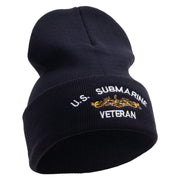 Licensed Made in USA Golden Dolphin US Submarine Veteran Logo Embroidered 12 Inch Solid Knit Cuff Long Beanie - Navy OSFM