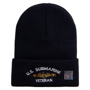 Licensed Made in USA Golden Dolphin US Submarine Veteran Logo Embroidered 12 Inch Solid Knit Cuff Long Beanie - Navy OSFM