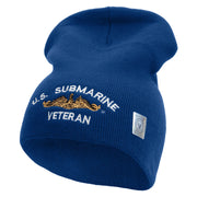 Licensed Made in USA Golden Dolphin US Submarine Veteran Symbol Embroidered 8 Inch Solid Knit Short Beanie - Royal-Blue OSFM