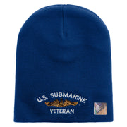 Licensed Made in USA Golden Dolphin US Submarine Veteran Symbol Embroidered 8 Inch Solid Knit Short Beanie - Royal-Blue OSFM
