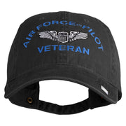 U.S. Air Force Pilot Veteran Embroidered Washed Solid Pigment Dyed Cotton Twill Brass Buckle Cap - Black OSFM