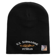 Made in USA Golden Dolphin US Submarine Veteran Symbol Embroidered 8 Inch Solid Knit Short Beanie