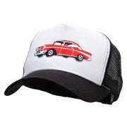 Cars-Red 57 Cherry Embroidered 5 Panel High Profile Poly Cotton Twill Mesh Trucker Cap - White-Black OSFM