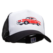 Cars-Red 57 Cherry Embroidered 5 Panel High Profile Poly Cotton Twill Mesh Trucker Cap - White-Black OSFM