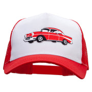 Cars-Red 57 Cherry Embroidered 5 Panel High Profile Poly Cotton Twill Mesh Trucker Cap - White-Red OSFM