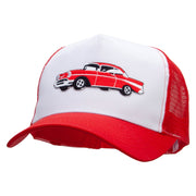 Cars-Red 57 Cherry Embroidered 5 Panel High Profile Poly Cotton Twill Mesh Trucker Cap - White-Red OSFM