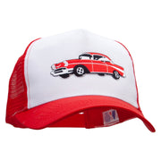 Cars-Red 57 Cherry Embroidered 5 Panel High Profile Poly Cotton Twill Mesh Trucker Cap - White-Red OSFM