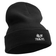 Let's Go Travel Embroidered 12 Inch Long Knitted Beanie - Black OSFM