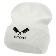 Butcher Embroidered 12 Inch Long Knitted Beanie - White OSFM