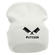 Butcher Embroidered 12 Inch Long Knitted Beanie - White OSFM