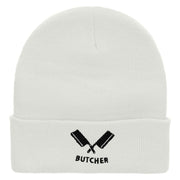 Butcher Embroidered 12 Inch Long Knitted Beanie - White OSFM