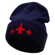 Three Jets Embroidered 12 Inch Long Knitted Beanie - Navy OSFM