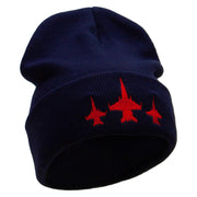 Three Jets Embroidered 12 Inch Long Knitted Beanie - Navy OSFM