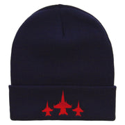 Three Jets Embroidered 12 Inch Long Knitted Beanie - Navy OSFM