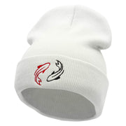 Two Koi Fish Embroidered 12 Inch Long Knitted Beanie - White OSFM