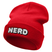 Nerd Embroidered 12 Inch Long Knitted Beanie - Red OSFM