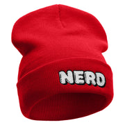 Nerd Embroidered 12 Inch Long Knitted Beanie - Red OSFM