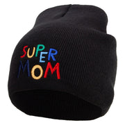 Colorful Super Mom Embroidered 8 inch Acrylic Short Beanie - Black OSFM