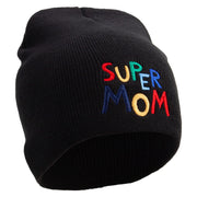 Colorful Super Mom Embroidered 8 inch Acrylic Short Beanie - Black OSFM