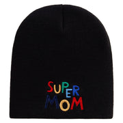 Colorful Super Mom Embroidered 8 inch Acrylic Short Beanie - Black OSFM