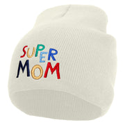 Colorful Super Mom Embroidered 8 inch Acrylic Short Beanie - White OSFM