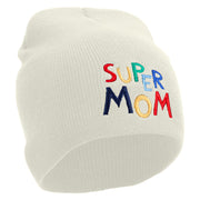 Colorful Super Mom Embroidered 8 inch Acrylic Short Beanie - White OSFM