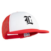 Old English Black L Patched Flat Bill Trucker Snapback Cap - White Red OSFM