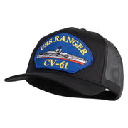 USS Ranger CV 61 Blue Patched Solid Cotton Twill 5 panel Mesh Back Cap - Black OSFM