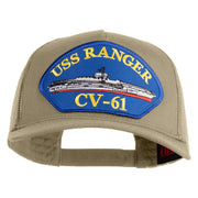 USS Ranger CV 61 Blue Patched Solid Cotton Twill 5 panel Mesh Back Cap - Khaki OSFM