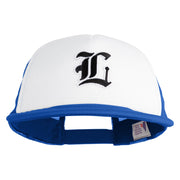 Old English Black L Patched Flat Bill Trucker Snapback Cap - White Royal OSFM