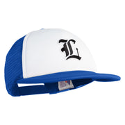 Old English Black L Patched Flat Bill Trucker Snapback Cap - White Royal OSFM