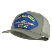 USS Ranger CV 61 Blue Patched Solid Cotton Twill 5 panel Mesh Back Cap - Grey OSFM