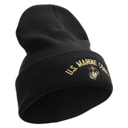 US Marine Corps Embroidered 12 Inch Solid Knit Cuff Long Beanie Made in USA - Black OSFM