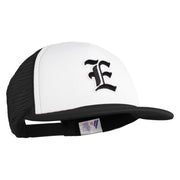 Old English Black E Patched Flat Bill Trucker Snapback Cap - White Black OSFM