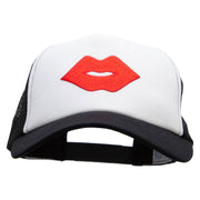 Red Lips Embroidered Patched Cotton Trucker Cap - Black OSFM