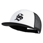 Old English Black S Patched Flat Bill Trucker Snapback Cap - White Black OSFM