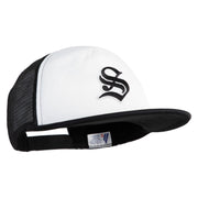 Old English Black S Patched Flat Bill Trucker Snapback Cap - White Black OSFM